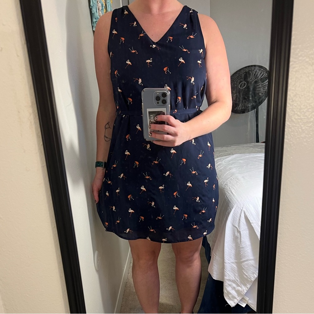 Navy blue dress with flamingos